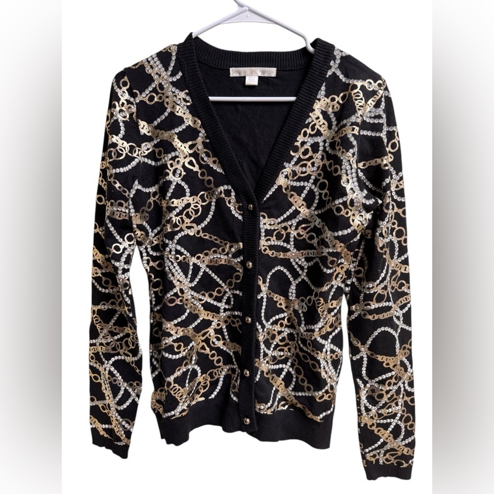 Boston Proper Chain Print Cardigan S Gold Silver Metallic Sequin Glam Cardigan